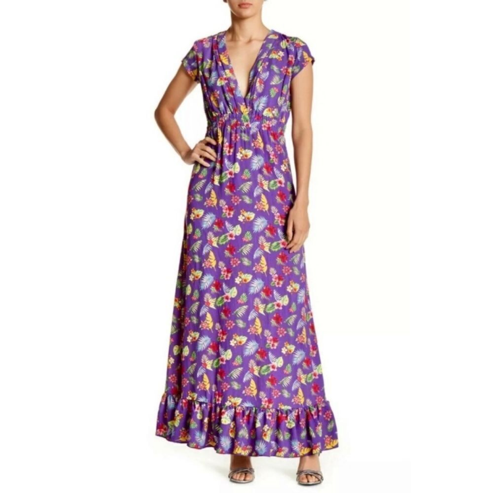 ROMEO & JULIET Couture Women floral Boho Chic V neck cap sleeves maxi dress sz M
